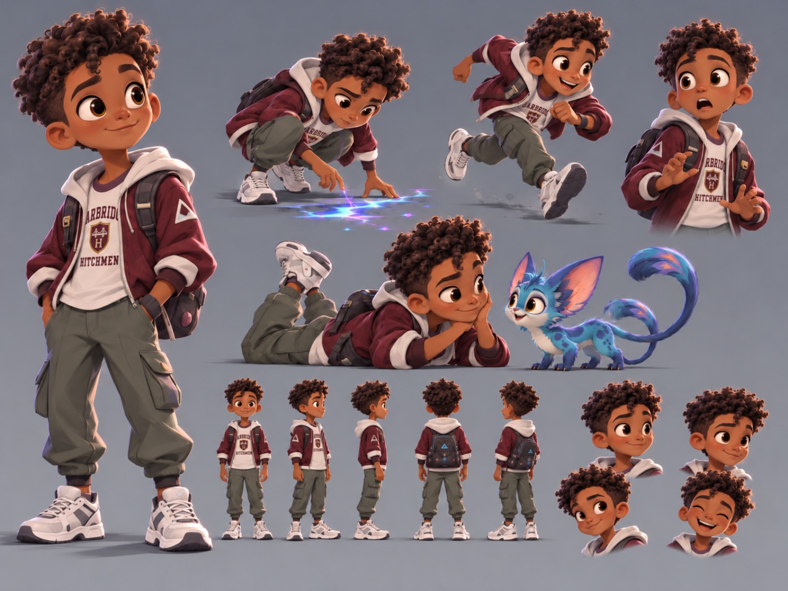 Jordan King, a curly-haired boy in his burgundy Hitchmen jacket and backpack