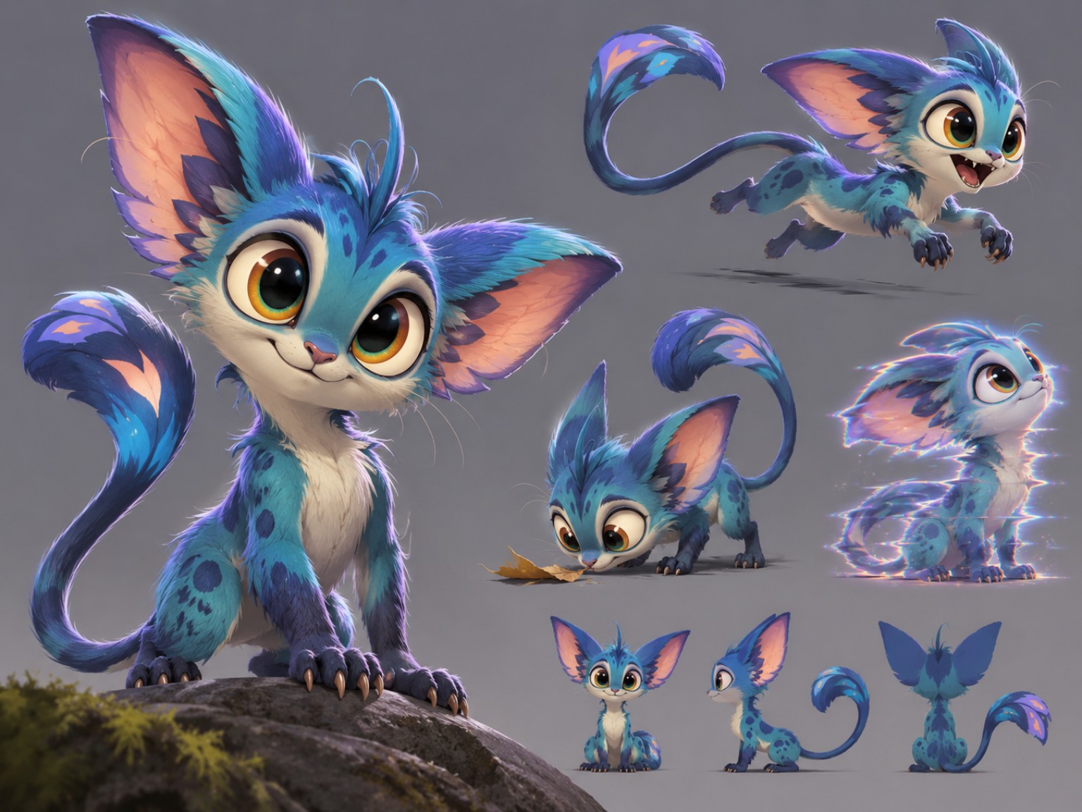 Quix, a blue and teal creature with huge ears, amber-green eyes, and a curled tail